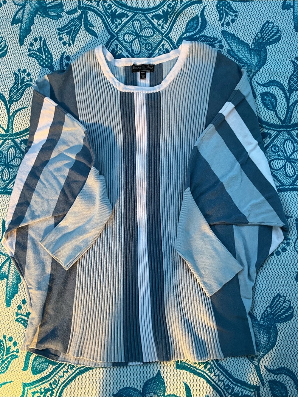 Sienna Sage Blue Striped Ribbed Knit Dolman Sleeve Sweater Top 2X